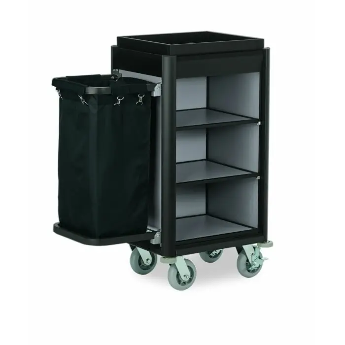 WAS Zimmerservicewagen Isabella 1 Wäschesack 95 x 54x 116 cm schwarze Kantenprofile Aluoptik Beliebt