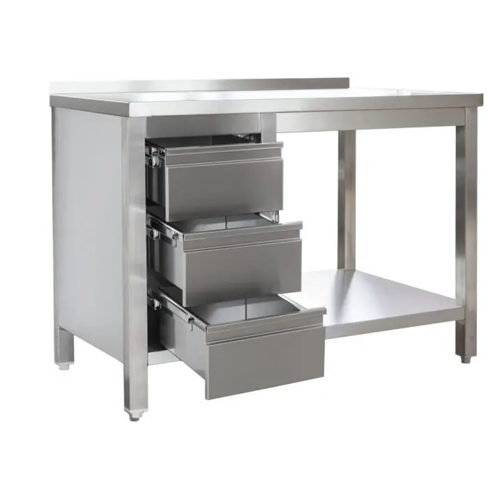 Aktuell Edelstahl Arbeitstisch mit Aufkantung und Schubladenblock links verschweißt, Bautiefe 600 mm, mit Grundboden, AISI 304, 1800 x 600 x 850